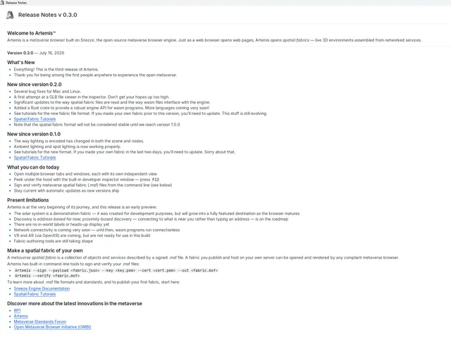 Artemis v0.3.0のRelease Notes。現在できることと制限事項が表示されている