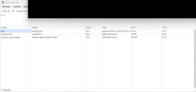 Artemis InspectorでFabric JSON、WASM、GLBがHTTP 200になっている画面