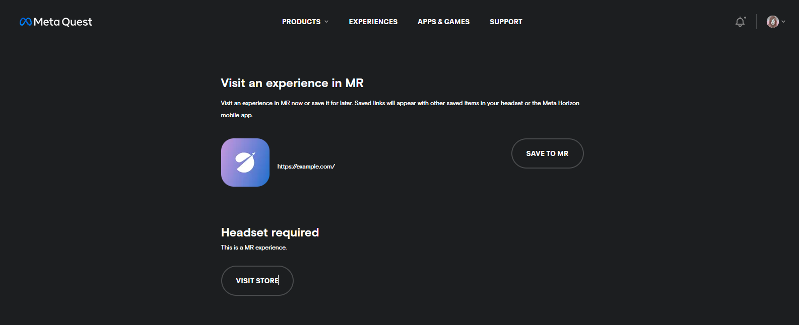 Web Launchの「Visit an experience in MR」画面 - SAVE TO MRボタンでQuestにURLを送信できる